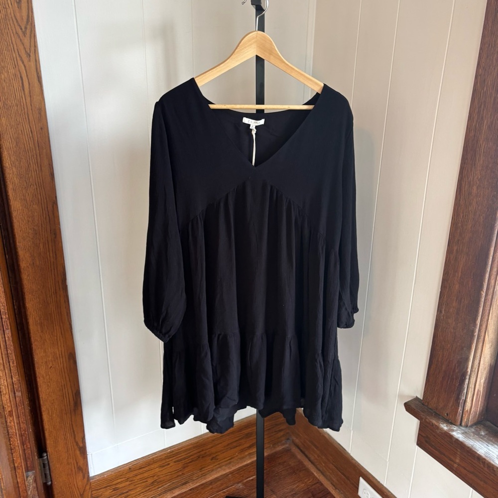 Z Supply Women’s XL Black Maxine Mini Dress Tiered Gauzy 3/4 Puff Sleeve Rayon